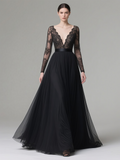 V Neck Lace A Line Long Sleeves Black Tulle Wedding Dress