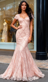 Trumpet Mermaid Beading Cap Sleeves Square Tulle Prom Dress