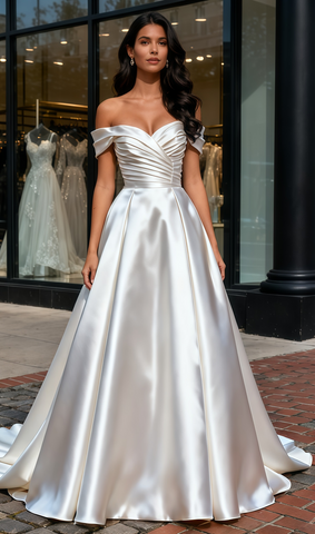Ruched Satin A Line Elegant Off The Shoulder Wedding Dress