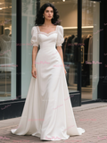 A Line Satin Lace Square Puffy Sleeve Wedding Dress