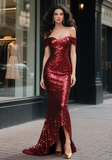Sequin Off The Shoulder Trumpet Mermaid Burgundy Prom Dress