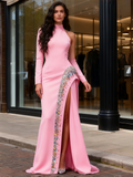 Long Sleeve Beading High Neck Satin Prom Dress With Slit