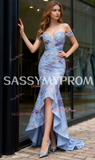 Off The Shoulder Beading Lace Blue Trumpet Mermaid Prom Dress