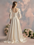 Ivory Satin A Line Long Sleeve Beading Wedding Dress