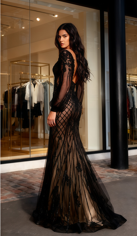 Tulle Trumpet Mermaid Black Champagne Long Sleeve Prom Dress