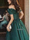 Green Ruched Off The Shoulder Satin Prom Dress