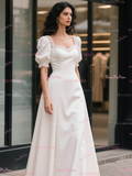 A Line Satin Lace Square Puffy Sleeve Wedding Dress