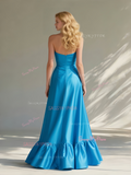 Satin A Line Strapless Belt Blue Prom Dress