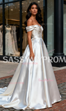 Ruched Satin A Line Elegant Off The Shoulder Wedding Dress