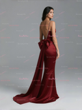 Spaghetti Straps Beading Burgundy Trumpet Mermaid Prom Dress With Slit