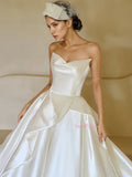 Ruched Satin A Line White Sweetheart Wedding Dress