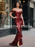 Sequin Off The Shoulder Trumpet Mermaid Burgundy Prom Dress