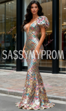 Deep V Neck Puffy Sleeve Trumpet Mermaid Shell Sequin Prom Dress