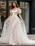 Satin Lace A Line Square Puffy Sleeve SWedding Dress