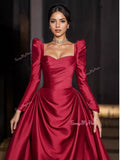 Sweetheart Ruched Satin Long Sleeve Burgundy A Line Prom Dress