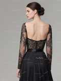 V Neck Lace A Line Long Sleeves Black Tulle Wedding Dress
