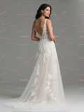 Backless A Line Lace V Neck Tulle Wedding Dress