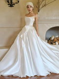 Ruched Satin A Line White Sweetheart Wedding Dress