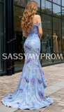 Off The Shoulder Beading Lace Blue Trumpet Mermaid Prom Dress