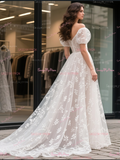 Satin Lace A Line Square Puffy Sleeve SWedding Dress