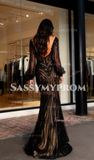 Tulle Trumpet Mermaid Black Champagne Long Sleeve Prom Dress