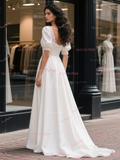 A Line Satin Lace Square Puffy Sleeve Wedding Dress