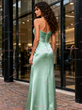Green One Shoulder Trumpet Mermaid Ruched Prom Dress With Slit