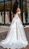 Ruched Satin A Line Elegant Off The Shoulder Wedding Dress