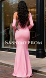 Long Sleeve Beading High Neck Satin Prom Dress With Slit