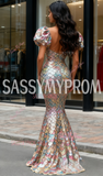 Deep V Neck Puffy Sleeve Trumpet Mermaid Shell Sequin Prom Dress