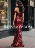 Sequin Off The Shoulder Trumpet Mermaid Burgundy Prom Dress
