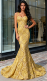 Trumpet Mermaid Beading Gold Straps Tulle Prom Dress
