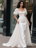 A Line Satin Lace Square Puffy Sleeve Wedding Dress