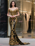 Trumpet Mermaid Sequin Black Gold Off The Shoulder Prom Dress