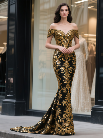 Trumpet Mermaid Sequin Black Gold Off The Shoulder Prom Dress