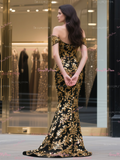 Trumpet Mermaid Sequin Black Gold Off The Shoulder Prom Dress