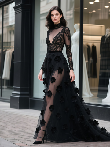 High Neck Lace Flower Black Tulle Prom Dress With Slit