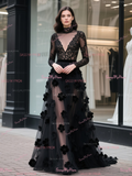 High Neck Lace Flower Black Tulle Prom Dress With Slit
