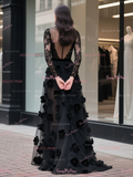High Neck Lace Flower Black Tulle Prom Dress With Slit