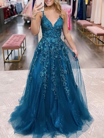 Blue Spaghetti Straps A-Line Tulle Appliques Prom Dress