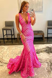 Hot Pink V Neck Sequin Trumpet Mermaid Prom Dress