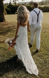 Sheath Column Mesh V Neck Lace Wedding Dress