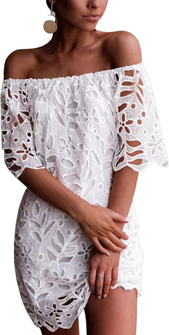 White Lace Off The Shoulder Schiffy Fitted Dress