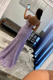 Purple Trumpet Mermaid Lace Up Lace Prom Dress