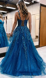 Blue Spaghetti Straps A-Line Tulle Appliques Prom Dress