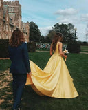 A Line V Neck Yellow Satin Prom Dress With Pockets