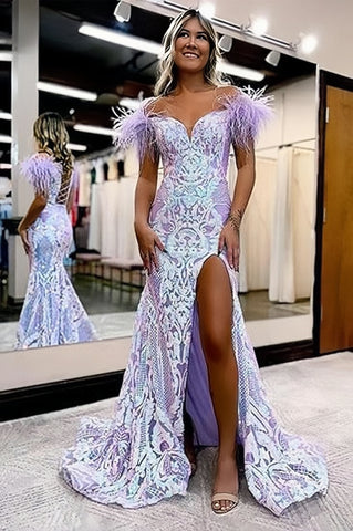 Feather Sequin Lavender Off The Shoulder Prom Dress With Slit