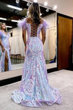 Feather Sequin Lavender Off The Shoulder Prom Dress With Slit