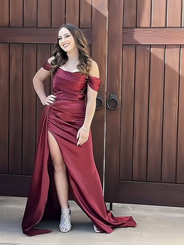 Off The Shoulder Satin Trumpet Mermaid Prom Dress With Slit
