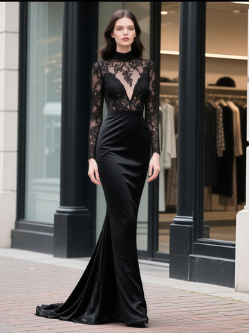 High Neck Mermaid Satin Lace Long Sleeve Black Prom Dress